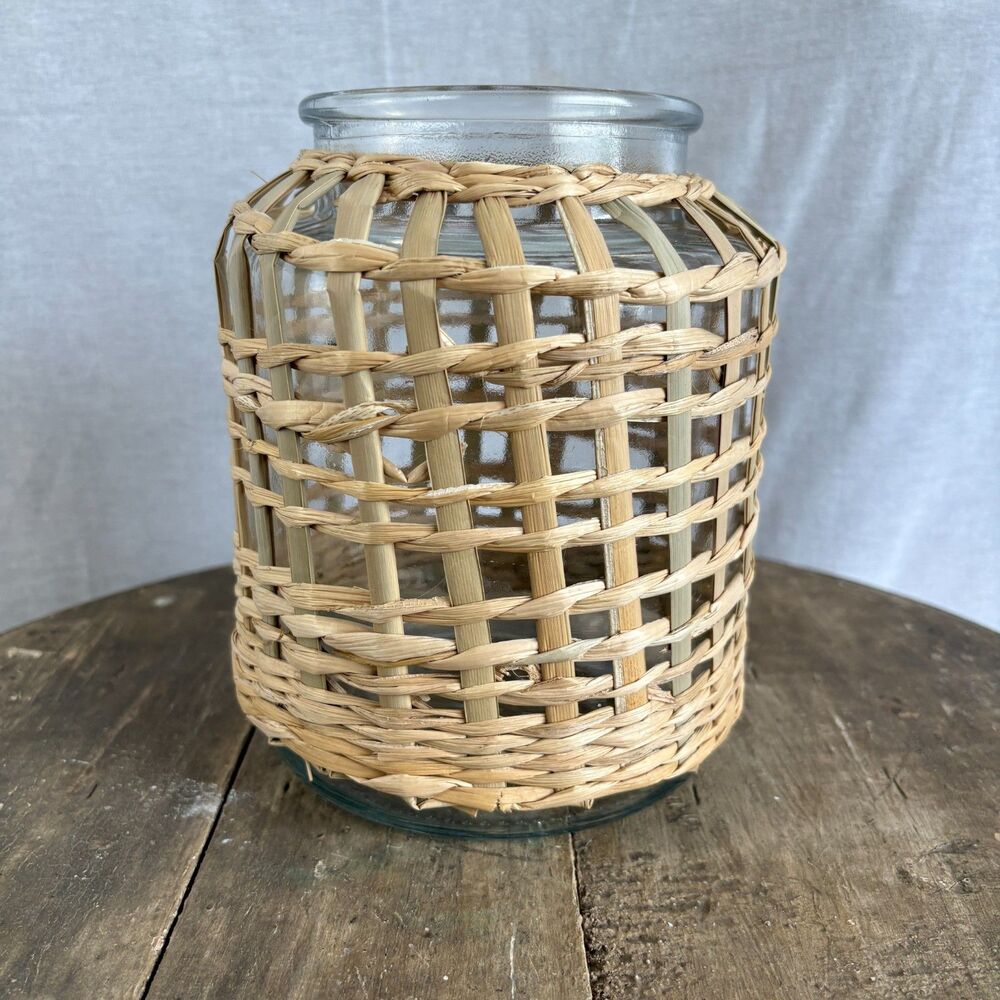 Rattan Wrapped Glass Vase Jar Woven Boho Coastal Decor 7"